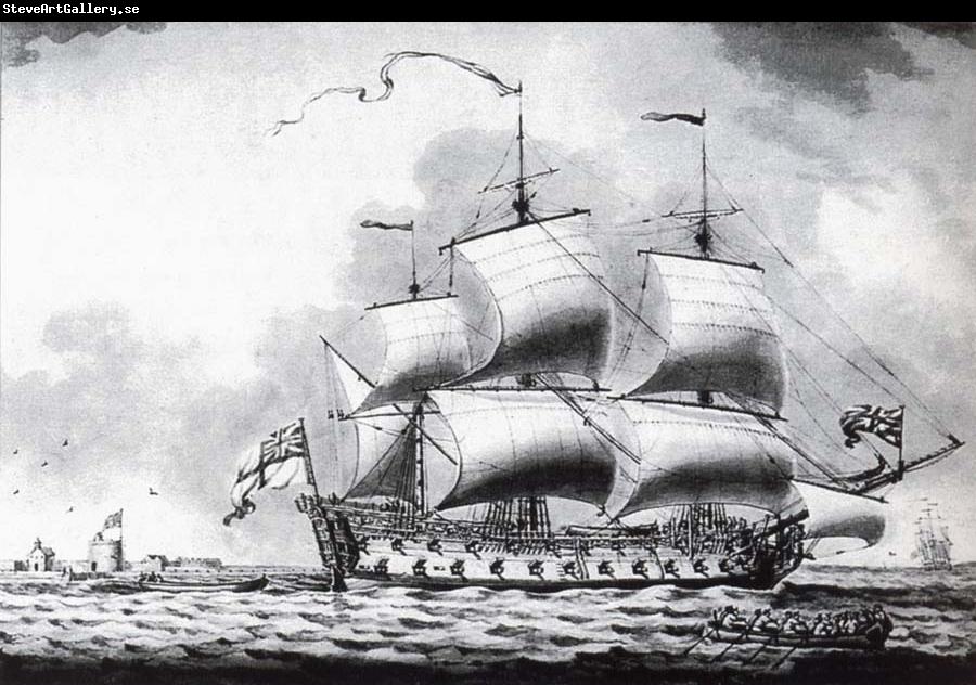 Francis Swaine A drawing of a British two-decker off Calshot Castle